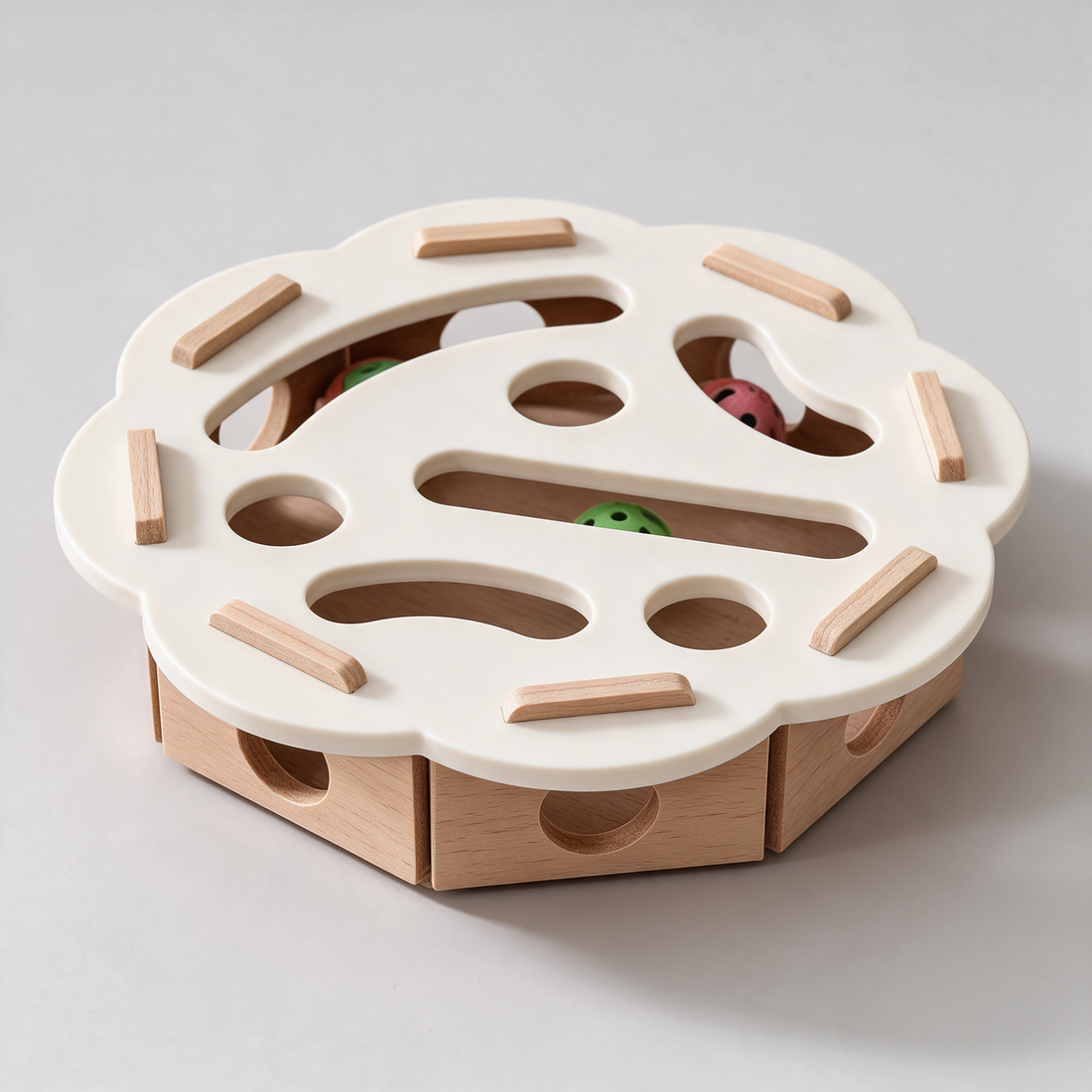 PuzzleFurr wooden cat toy with the sisal scratch pad in the middle of the board