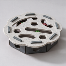 PuzzleFurr cat track toy in stone gray, forest green and natural cream