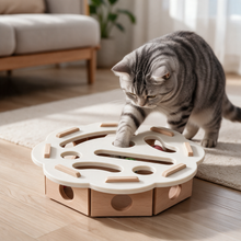 PuzzleFurr solid wood cat track toy with three belled balls and a centre scratch pad