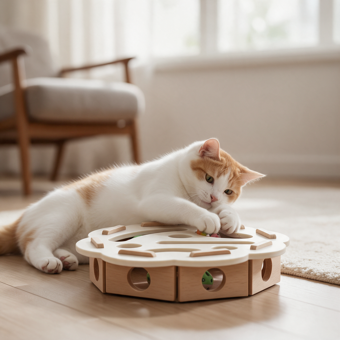 PuzzleFurr wooden cat toy seen from above, showing the circular ball track