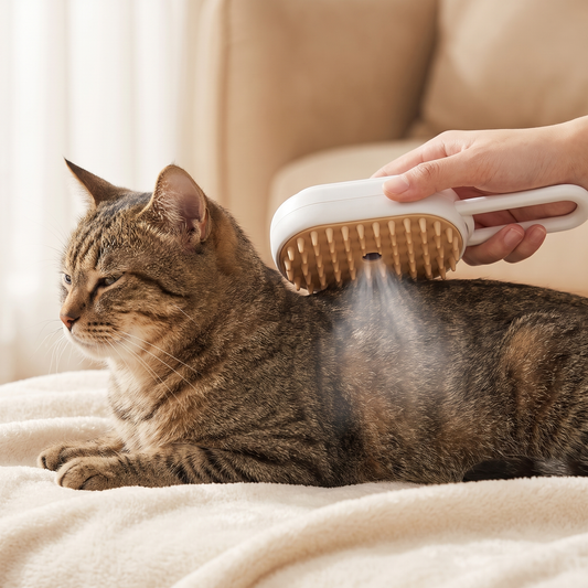 PurrMist 3-in-1 steam cat brush with silicone-tip head and folding handle
